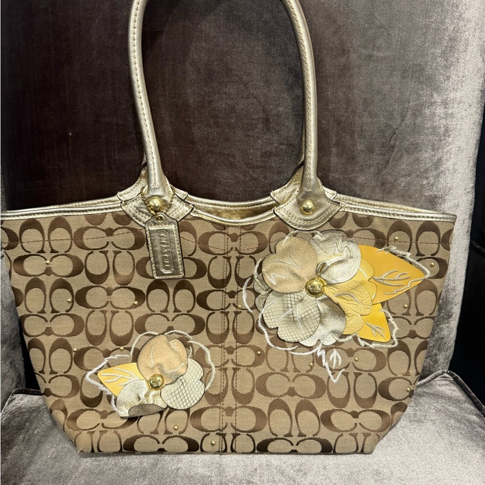 Coach Brown and Gold Tote with Floral Accents
